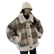 Casaco xadrez feminino lã de cordeiro splicing blended lã outono casacos de inverno plus size único breasted jaqueta casual outwear feminino 2024 - compre barato