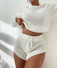 Beach Breach Two Piece Set 2020 Summer White Knit Crop Top V Neck Long Sleeve And Mini Bodycon Shorts Casual Women Outfit Sexy 2024 - buy cheap