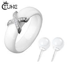 Classic Black White Smooth Ceramic Jewlery Set 6mm X Ceramic Rings With Round Ceramic Ear Pin Stud Earrings For Women Sets 2024 - buy cheap