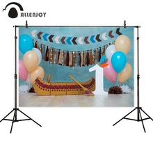 Allenjoy 1st birthday smash cake balloons wood floor arrow Indian feather canoe cute baby party backdrop background photocall 2024 - buy cheap