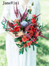 Janevini flores de casamento vermelhas, buquê de noivas artificial de seda, vintage, rosas de noivas, buquê de damas de honra, 2020 2024 - compre barato