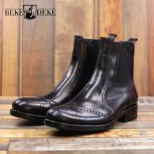 Manual Chelsea Boots Pointed Toe Carved Mens Black Popular Genuine Leather Biker Boots Vintage Cowhide Slip-On Ankle Boot 2024 - buy cheap