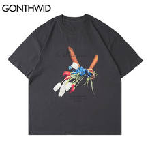 Футболка GONTHWID оверсайз в стиле хип-хоп, рубашка с цветочным принтом тюльпанов, уличная одежда, модный Повседневный хлопковый топ с коротким рукавом в стиле Харадзюку 2024 - купить недорого