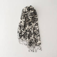 Bufandas de lino 100% con estampado de flores blancas y negras con borlas para mujer moda fina bufanda de otoño para mujer 2024 - compra barato