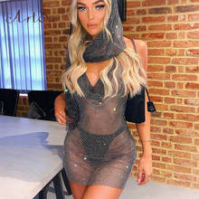 ArtSu Bling Rhinestone Hollow Out Dress Diamonds Deep V Neck Backless Women Lace Up Halter Club Night Party Mini Dresses Black 2024 - buy cheap