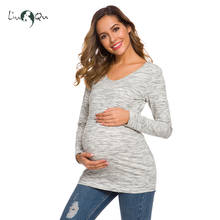 Женская одежда для беременных с длинным рукавом и v-образным вырезом, с оборками сбоку, стрейчевая Одежда для беременных, удобные мягкие рубашки для беременных 2024 - купить недорого