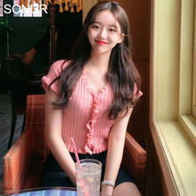 Summer Women 4 Colors Crop Sweater Korean Sweet Cute Girls Ruffles V-Neck Short Sleeve Slim Knitted Tops Fashion Pullover Female 2024 - buy cheap
