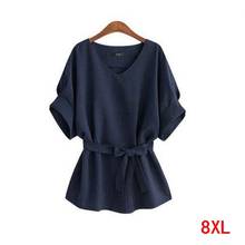 Camiseta de algodón y lino de talla grande para mujer, camiseta azul holgada con cinturón de manga corta y cuello en V, de verano, 5XL, 6XL, 7XL y 8XL 2024 - compra barato