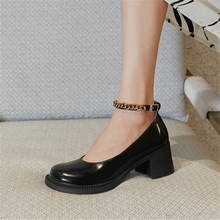 Pxelena sapatos femininos góticos retrô, sapatos de couro genuíno, salto alto, com corrente de metal, ponta redonda, outono 2020 2024 - compre barato