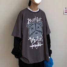 2021 Spring Loose Bear Print T Shirt Men Casual Male Japan Cool Tshirt Streetwear Long Sleeve Funny Gothic T Shirts O-neck Tops 2024 - buy cheap