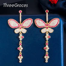 ThreeGraces Exquisite Red Cubic Zirconia Gold Color Long Dangle Drop Butterfly Earrings for Women Korean Style Jewelry ER488 2024 - buy cheap