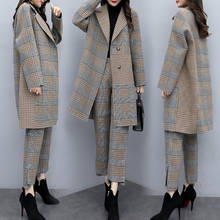 New Women's Winter Two-piece Trousers Large Size Plaid Woolen Coat Wide-leg Pants Casual Fashion Suit Female Trend 2024 - buy cheap