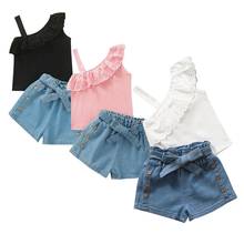 2021 Fashion Baby Girls Clothes Set Toddler Kids Summer One Shoulder Ruffle T Shirt Tops Solid Denim Bow Shorts Outfit Sets 1-6Y 2024 - buy cheap