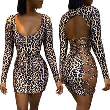Bkld vestido feminino com estampa de leopardo, mini vestido sem costas com manga comprida da da moda para outono, sexy com renda cruzada, vestido de festa 2024 - compre barato