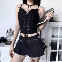 Punk Gothic Black Sexy Camis Summer Women Ruffle Bandage Solid Color Sleeveless Bustier Corset V-Neck Crop Top 2021 2024 - buy cheap