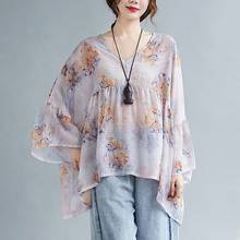 Oversized Tops Women Loose Casual Shirt New Arrival 2021 Spring Elegant V-neck Print Female Batwing Sleeve Floral Blouse Camisas 2024 - buy cheap