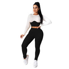 Knitted Ribbed Two Piece Sets Women Outfits Casaul Fitness Elastic Patchwork Crop Top Leggings Matching Sets Tracksuit Female 2024 - buy cheap