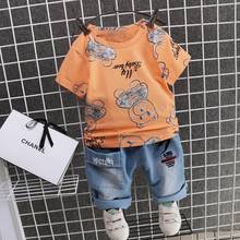 2021 new summer short sleeve children's suit cartoon print collar short sleeve denim shorts two piece Toddler Boy T-Shirt + jean 2024 - buy cheap