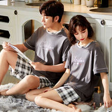 Pijama de algodão xadrez moda coreana, pijama de casal com letras cinza, gola redonda, manga curta plus size para homens e mulheres 2024 - compre barato