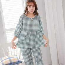 Daeryard Women Plaid Cotton Pajamas Set Round Neck Knitted Pyjamas Pants Femme Soft Breathable Sleepwear Casual Homewear Pj Set 2024 - buy cheap