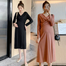 9190# 2021 Spring Korean Fashion Maternity Long Party Dress V neck Slim A Line Loose Modal Clothes for Pregnant Women Pregnancy 2024 - buy cheap