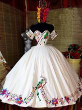 Vestido de baile flores 3d mexicano, vestido branco fabuloso, vestido de baile 16 anos, bordado, sweet 16 2024 - compre barato