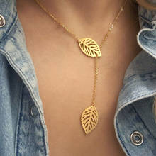 Bff Gift Gold Color Double Leaf Pendant Necklace Women Elegant Jewelry Stainless Steel Clavicle Chain Plant Collares Largos 2020 2024 - buy cheap