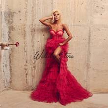 Vintage Rose Red Sweetheart Strapless Long Women Tulle Dress Pretty High Slit Tiered Ruffled Mesh Prom Gowns Vestito 2024 - buy cheap