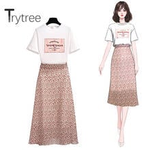 Trytree 2020 Summer Women two piece set Casual O-neck Letter T-shirt Tops + Skirt Print Chiffon Fashion Mid-Calf Set 2 piece set 2024 - buy cheap