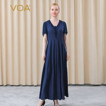 VOA-vestido de Jacquard de seda con manga de pétalo azul oscuro, a la moda, de cintura alta, con rayas tridimensionales, AE660 2024 - compra barato