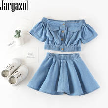 Jergazol-ropa vaquera con hombros descubiertos para niños, Top y falda, conjunto de ropa coreana para niñas pequeñas, trajes para niños 2024 - compra barato