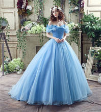 2021 Blue Ball Gown Prom Dress New Movie Princess Cinderella Cosplay  Off The Shoulder Organza Long     2024 - buy cheap