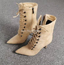 New Beige Color Suede Lace-up Women Short Boots Fashion Pointed Toe Stiletto Heel Ankle Boots Lady Real Photos Boots Dropship 2024 - buy cheap