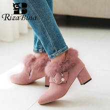 RizaBina Women High Heels Ankle Boots Winter Zipper Warm Fur Shoes Woman Bead Buckle Shoes Pointed Toe Short Boots Size 33-43 2024 - buy cheap