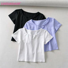 LUNDUNSHIJIA 2021 Summer Women Fashion Basic Crop Top High-Quality Elastic Solid Cotton Short Sleeve V-neck Harajuku T Shirt 2024 - buy cheap