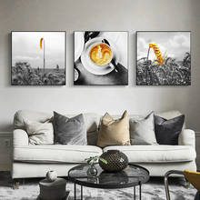 Pintura en lienzo, taza de café dorado de trigo, carteles e impresiones de paisajes en blanco y negro, arte de pared para cocina, cafetería, decoración de restaurante 2024 - compra barato