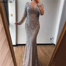 Luxury Silver O-Neck Mermaid Evening Dresses 2020 Long Sleeves Sparkle Sequins Beading Prom Gown Serene Hill BLA70249 2024 - buy cheap