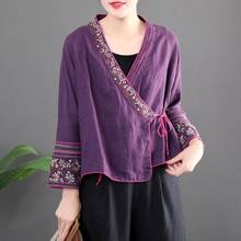Blusa de lino y algodón con cuello de pico para mujer, blusa holgada estilo chino Vintage, TA2335, 2021 2024 - compra barato