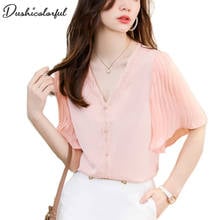 Blusa feminina casual de verão, rosa, com mangas plissadas, gola de renda, elegante, para escritório, tops vintage, plus size 5xl 2024 - compre barato