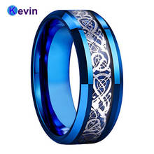 Anillo de boda para hombre y mujer, sortija de tungsteno azul con fibra de carbono azul y incrustaciones de dragón, ajuste cómodo de 8MM 2024 - compra barato