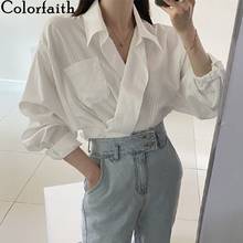 Colorfaith New 2021 Women Autumn Winter Blouses Shirts Bat Sleeve Overszie Vintage Pockets Striped Office Lady Wild Tops BL7592 2024 - buy cheap