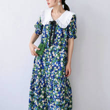 Puff Sleeve Elegant Floral Print Long Dress Female Peter Pan Collar Sweet Holiday Vestidos Women Summer Slim Bow Dress 2024 - buy cheap