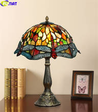 FUMAT-lámpara de mesa de libélula roja de estilo Tiffany, luz de escritorio de arte artesanal de lujo, interruptor de atenuación antiguo de 12" 2024 - compra barato