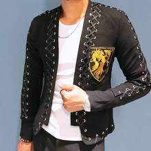 Night Show Men Korean Fashion Stylist Blazer Slim Fit Badge Embroidered Trendy Jacket Collarless High Quality Lace Suit Male 2024 - buy cheap