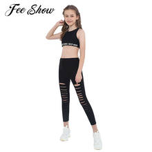 2PCS Kids Girls Yoga Gym Sportsuits Ballet Dancewear Sleeveless Crisscross Back Crop Top with Elastic Hollow Front Leggings 2024 - buy cheap