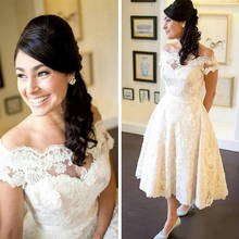 Retro Short Lace Country Wedding Dresses Off Shoulder Short Sleeves Tea Length Boho Wedding Dress 2020 A Line Cheap Bride 2024 - buy cheap