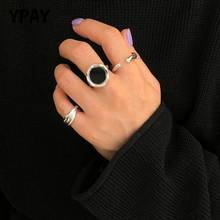 YPAY 100% Authentic 925 Sterling Silver Open Rings for Women Korea Irregular Geometric Black Glue Tin Foil Ring Jewelry YMR1058 2024 - buy cheap