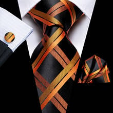 Hi-Tie Mens Necktie Luxury Black Orange Plaid Silk Wedding Tie For Men Hanky Cufflink Gift Tie Set Business Party Dropshipping 2024 - buy cheap