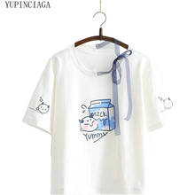 Camiseta estampada de leite e pescoço redondo, camiseta harajuku, mulheres, básica, kawaii, verão, 2020 2024 - compre barato