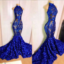 Sexy Royal Blue Mermaid Long Prom Dresses 2022 High Neck See Through Sequin 3D Rose Black Girl Gala Prom Party Gowns 2024 - buy cheap